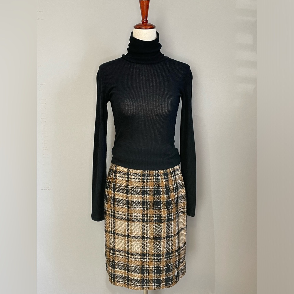 Checked Wool-Blend Mini Skirt in Tan and Black